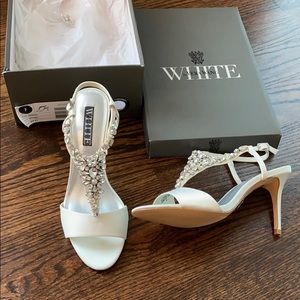 Crystal and Pearl Vamp T-Strap Satin Sandals